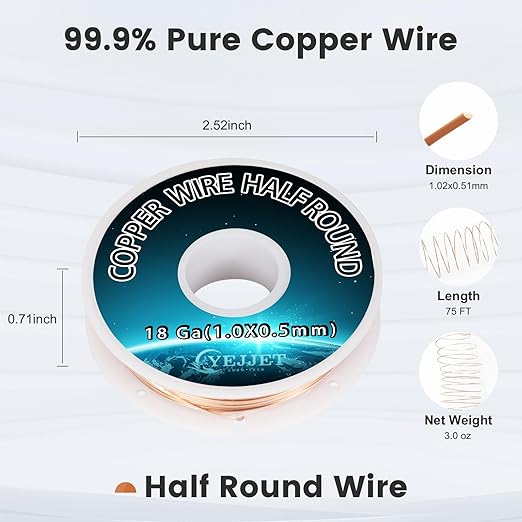 18 Gauge Copper Wire Half Round - 3.0 oz (75 Feet) Industrial Conductive Wire, Electrodeposition & DIY Projects