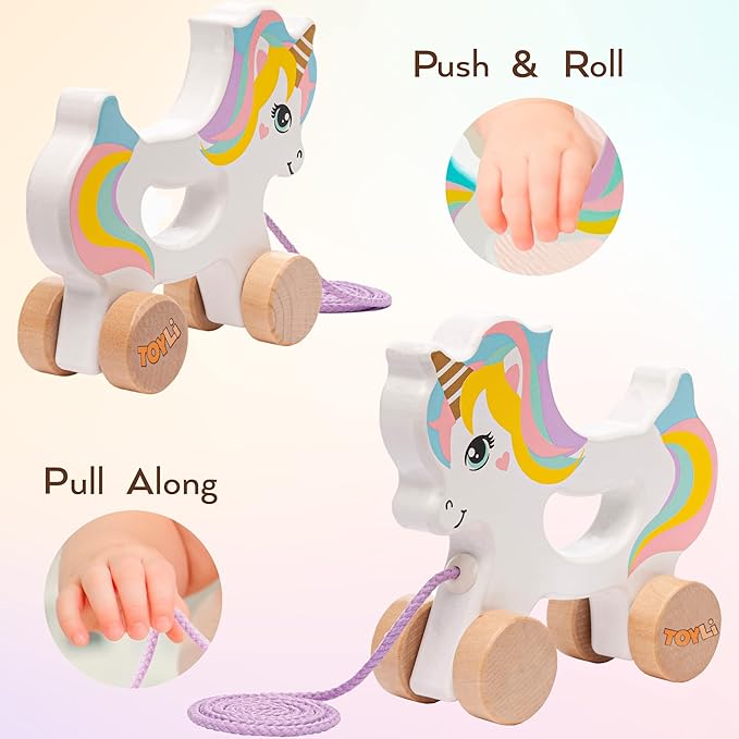 Wooden Unicorn Push & Pull Along Toy Developmental Montessori Toddler Pull Toys Improves Balance Strength Confidence for Infants Develop Cognitive Skills Baby Toddlers 18 Month Pull Toy