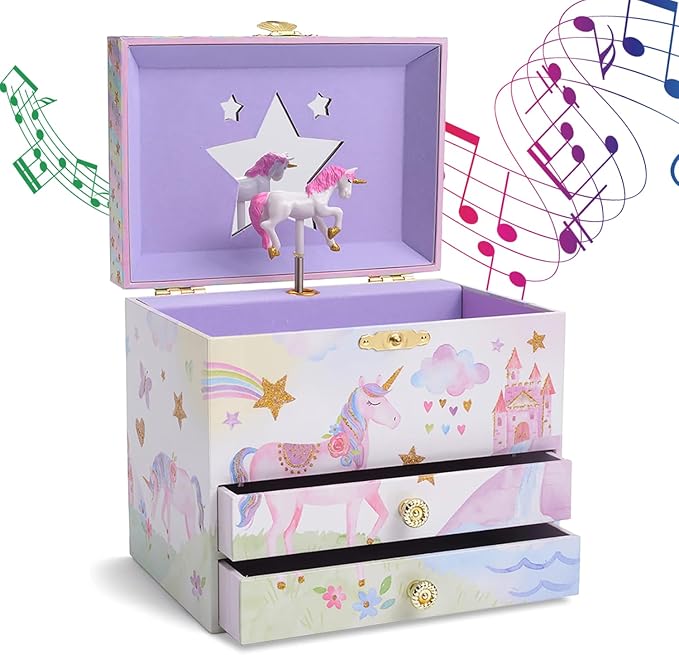 Jewelkeeper Enchanting Unicorn Musical Jewelry Box for Girls - Sparkling Rainbow Design Music Box with 2 Pullout Drawers to Store Earrings, Necklace and Bracelets - Plays The Beautiful Dreamer Tune