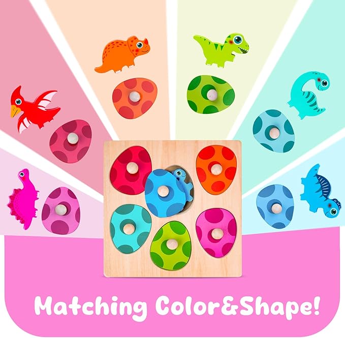 Dinosaur Wooden Toddler Puzzle 1-3, Montessori Toys for 1 2 3 Year Old, Dinosaur Eggs Peg Puzzles, Kid Wooden Puzzles Ages 2-4, Dinosaur Toy for Toddler Kid, Preschool Education Learning Toys