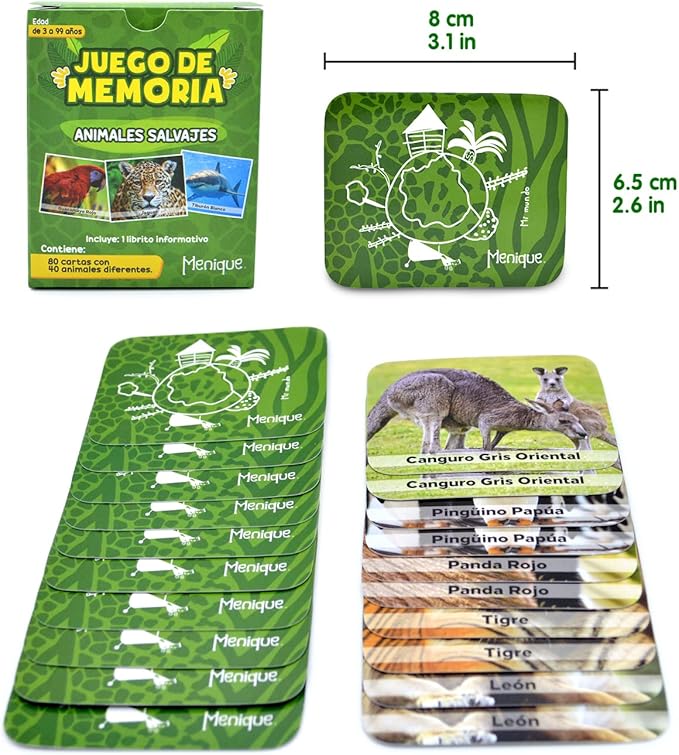 Menique Wild Animals Memory Matching Game – Spanish Edition – 80 Cards (40 Pairs) with Real Photos – Educational Game in Spanish for Kids and Adults – Includes Booklet