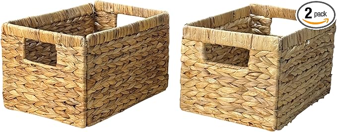 Woven Basket For Shelves, Baskets for Organizing, Wicker Storage Basket with Built-in Handles, Natural Baskets for Toys, Kitchen Storage (Medium 2-Pack, Natural Water Hyacinth)