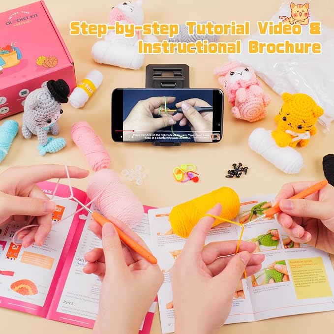 Crochet Kit for Beginners - Cat Crochet Kit with Step-by-Step Video Tutorials, Learn to Crochet Kits for Adults and Kids, 4 PCS Crochet Animals Cat with Hat, Toy, Fish Crocheting Set