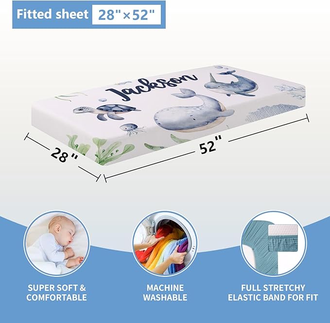 Personalized Baby Crib Bedding Set, 5 Pcs Custom Name Baby Bedding Set, Double Layer Nursery Bedding Set, Ocean Animal Baby Crib Set for Girls Boys, Gift for Toddler Infant Baby New Parents