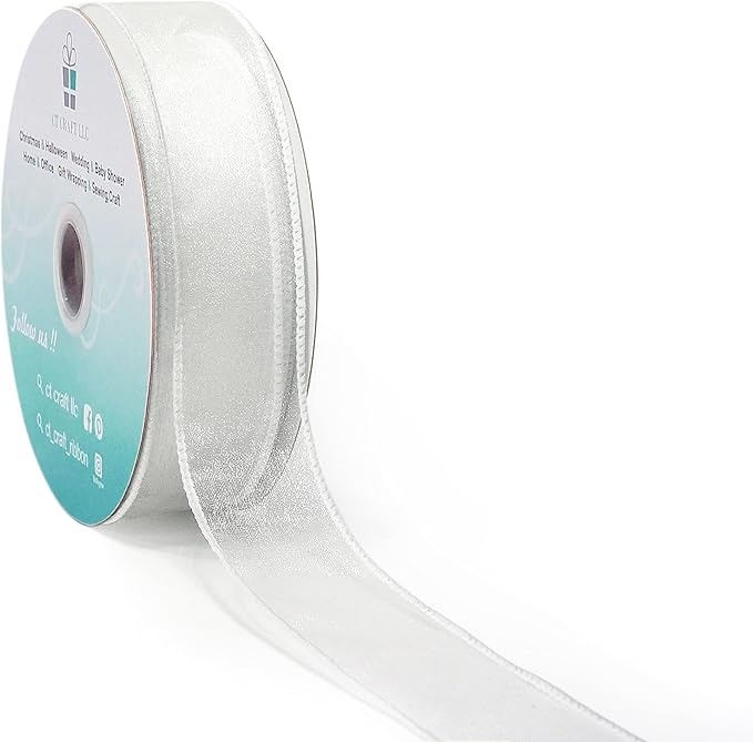 CT CRAFT LLC Sheer Organza Wired Ribbon 1.5" x 50Yards White for Wedding Chair Bow Flora Bouquet Gift Wrapping Christmas Tree Home Decor Wreath