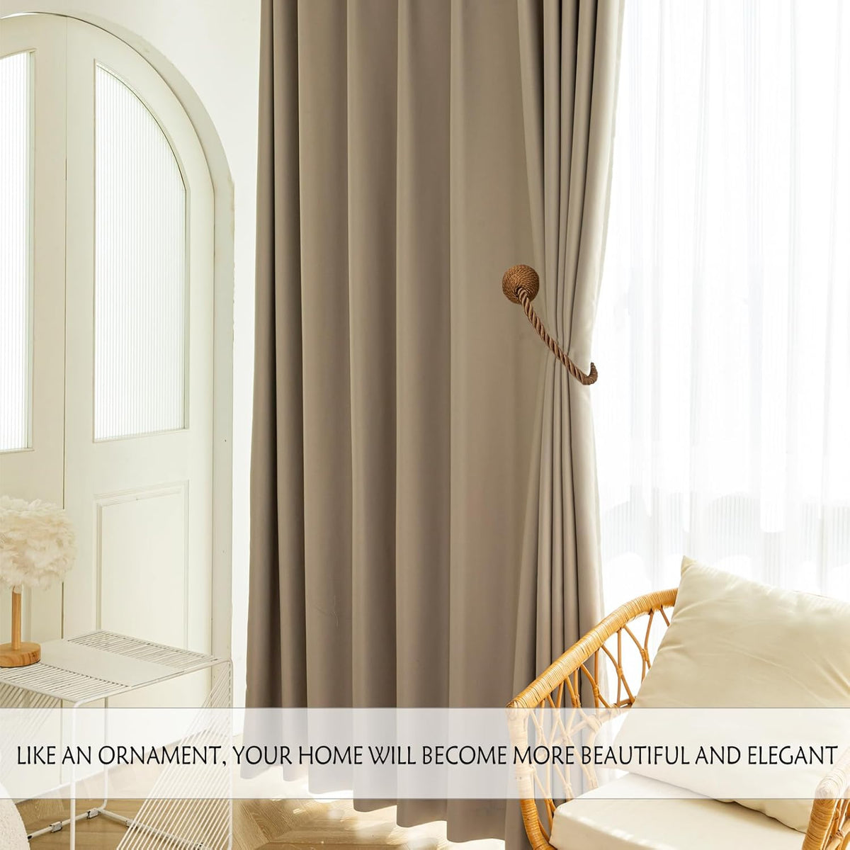 Magnetic Rope Curtain Tiebacks 6 Pack Holders for Drapes and Curtains, Khaki