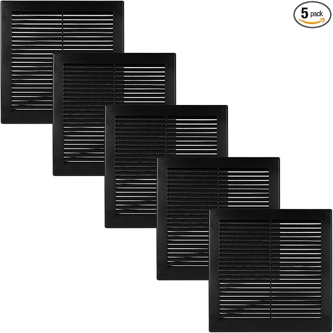 Vent Systems 8" x 8" - Pack of 5 - Black Plastic Soffit Vent Cover - Durable Flat Square Air Vent Grille with Mesh Screen - Weather Resistant Ventilation Grill - Wall & Ceiling, Indoor & Outdoor