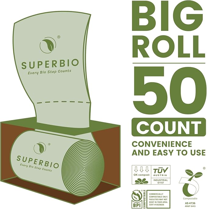 SUPERBIO 13 Gallon Flat Top Compostable Food Waste Bags, 50 Count, 2 Pack, 49.2L, 0.87 Mil, ASTM D6400 BPI and OK compost INDUSTRIAL