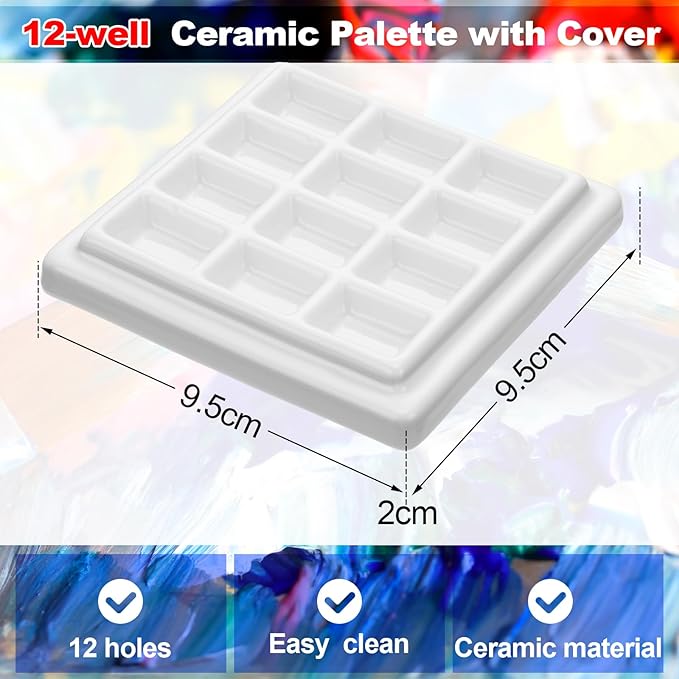 Honoson 4 Pack 12 Wells Ceramic Palette with Covers Pure White Porcelain Painting Palette for Watercolor Gouache Color Painting Mixing Tray for Artists Professionals Students Hobby Crafts