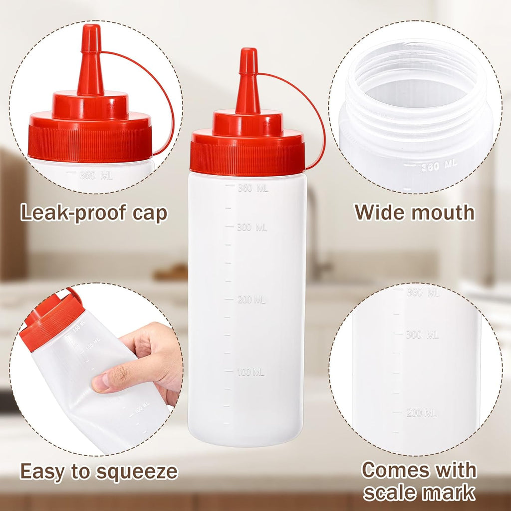 Condiment Squeeze Bottles Ketchup Dispenser, 6 Pack 12oz Squeeze Bottles for Liquids, Plastic Sauce Bottle with Cap Lid, Squirt Bottles for Sauces Liquids BBQ Dressing Pancake Art