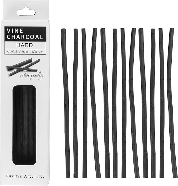 Pacific Arc Artist Vine Charcoal, Hard, Black 12 Pieces, Artist Vine Charcoal Sticks, Hard and Smooth Drawing Charcoal