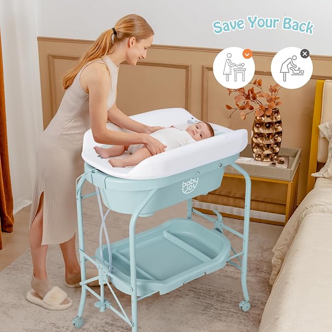 BABY JOY Baby Bathtub with Changing Table, Foldable Infant Diaper Changing Station with Storage Tray, Waterproof Pad, Portable Newborn Nursery Organizer Bath Stand with 4 Universal Wheels (Blue)