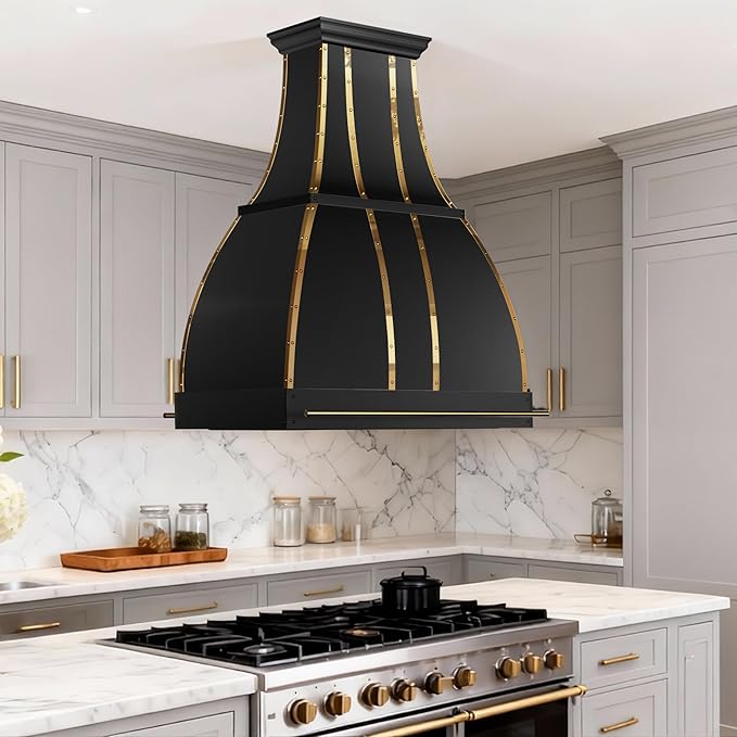 CHETTO C Stainless Steel Range Hood Cover with 4-Speed Vent Hood Insert Custom Handmade Metal Kitchen Fan with Towel Rack LED Light 48"W x27"D x30"H Black Island Mount