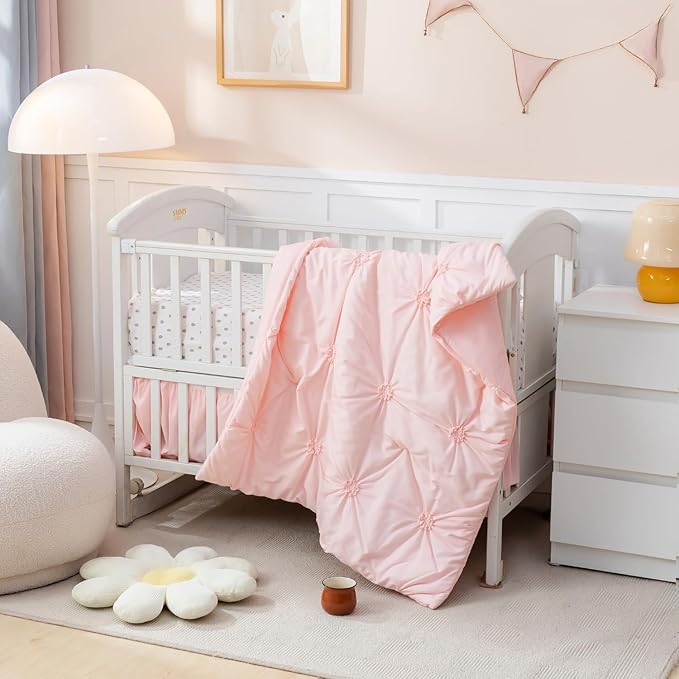 PINNKKU 3-Piece Crib Bedding Set for Boy Girls, Includes Skirt, Blanket and Sheet, Baby Bedding, Pintuck Pinch Pleat Pink