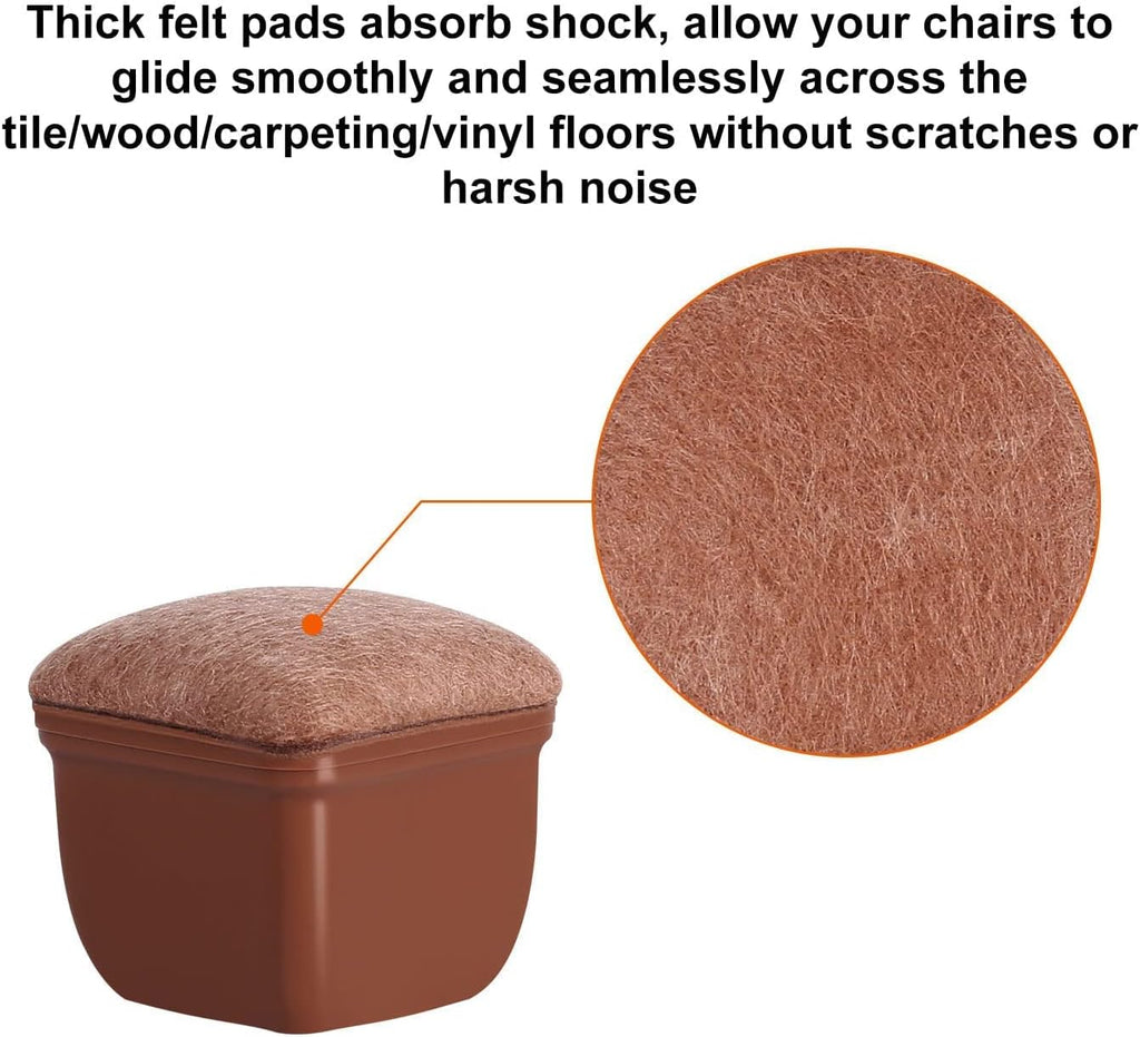 Ezprotekt 24 Pcs Square Chair Leg Floor Protectors with Felt, Silicone Felt Furniture Pads Cups for Hardwood Floor, Dining Table Leg Caps Covers No Scratches (L Fit: 1" to 1.4", Brown)