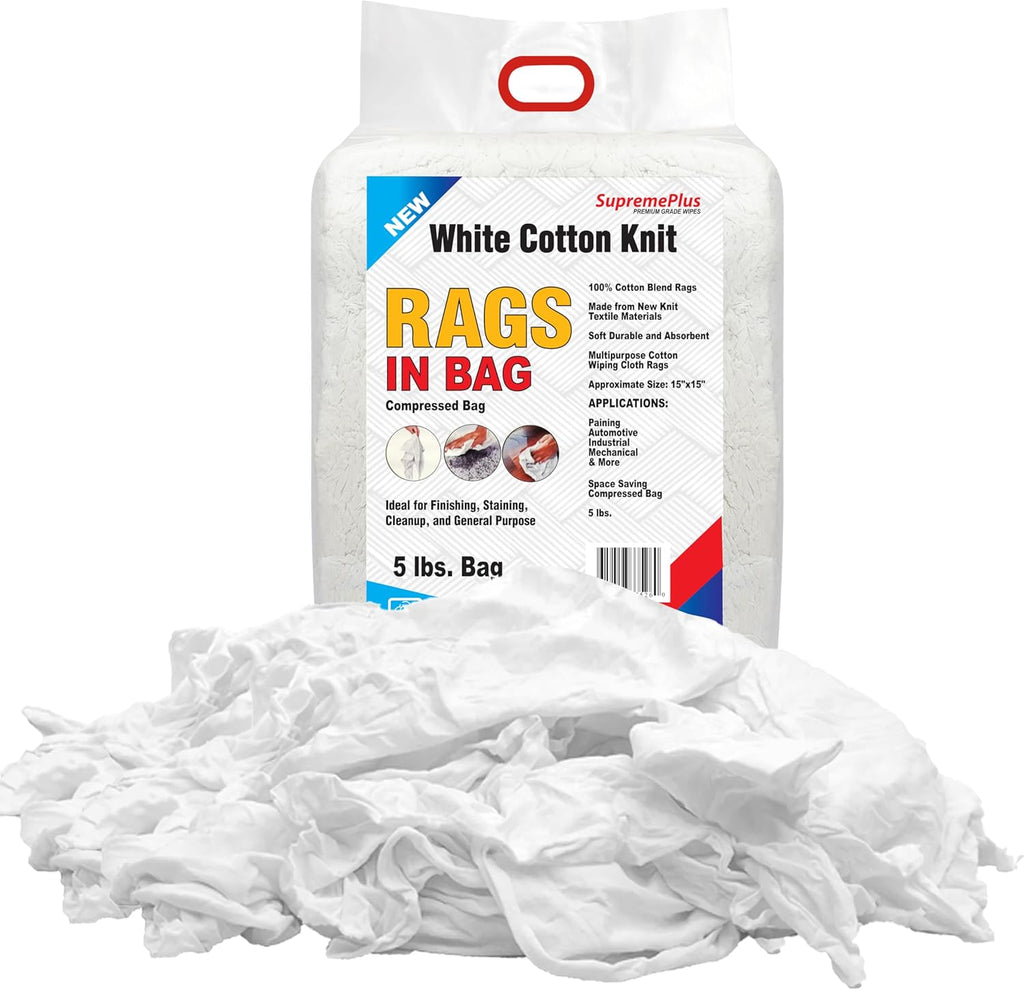 Premium White T-Shirt Cleaning Rags (5 lbs. Bag) – White Cotton Rags for Cleaning, Staining, Painting, Oil, Grease & Dust Removal – Shop Rags Bulk for Multipurpose use