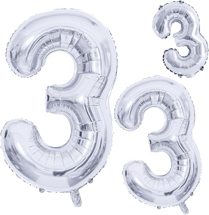 GOER Silver Foil Balloons Number 3,Huge Number Balloons for 3rd 33rd Birthday Party Supplies Anniversary Decorations(3 pcs,42 inch,32 inc,16inch)