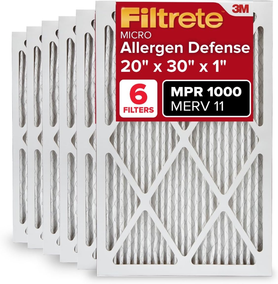 Filtrete 20x30x1 AC Furnace Air Filter, MERV 11, MPR 1000, Micro Allergen Defense, 3-Month Pleated 1-Inch Electrostatic Air Cleaning Filter, 6 Pack (Actual Size 19.81 x 29.81 x 0.81 in)