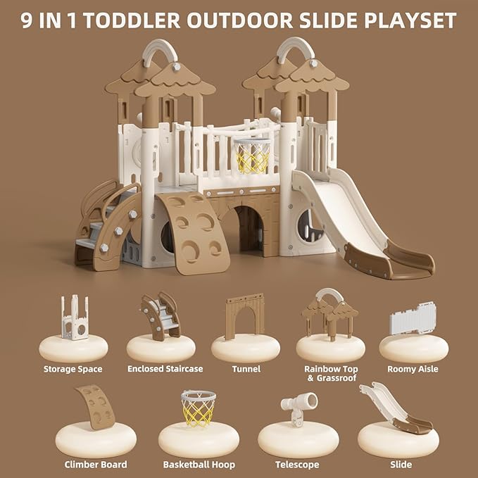 XJD 9 in 1 Toddler Slide, Jungle Slide with Basketball Hoop, Tunnel and Storage Space, Outdoor Indoor for Toddlers Age 1+,Tree House Design Toddlers Outdoor Indoor Playground (Brown)