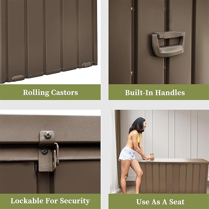 CHUNLY 150 Gallon Storage Deck Box with Lockable Lids, Outdoor Storage Bench with Mobility Rollers, Waterproof Patio Storage Box for Furniture Cushions, Throw Pillows & Garden Tools (Dark Brown)