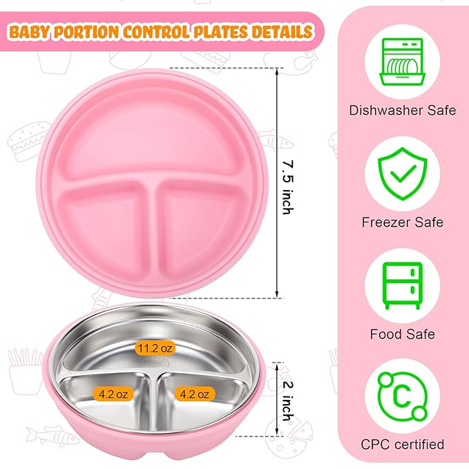Nuogo 2 Pcs Stainless Steel Baby Suction Plates with Removable Silicone Shell 2-in-1 Metal Toddler Bowl Divided for Picky Eaters Kids Feeding Led Weaning Supplies, Dishwasher Safe (Beige,Pink)