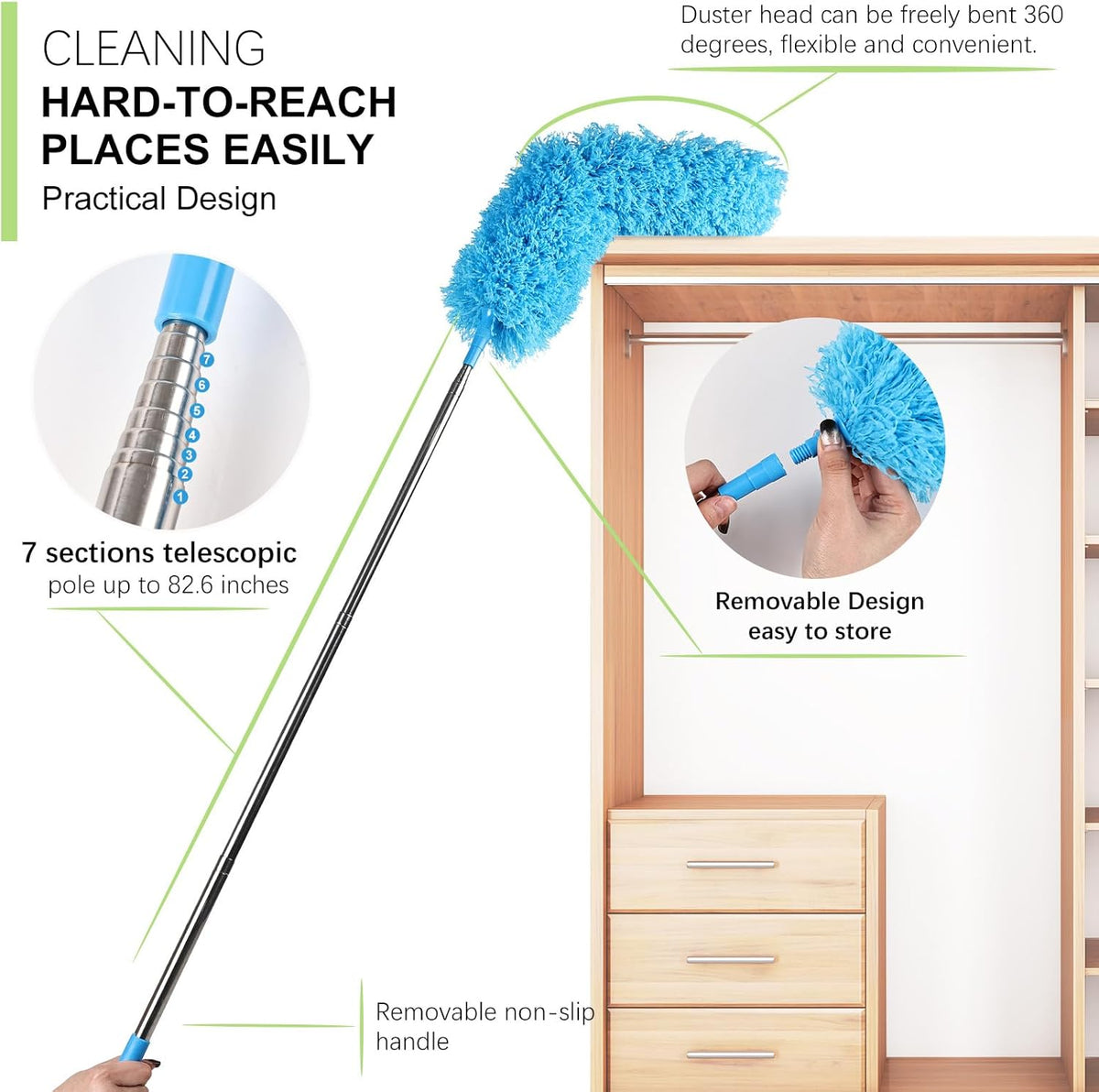 4PCS Microfiber Duster Kit, 3 in 1 Microfiber Dusters Retractable Gap Dust Cleaner and Chenille Duster with 83 inches Extra Long Extension Pole for Cleaning Ceiling Fan, High Ceiling
