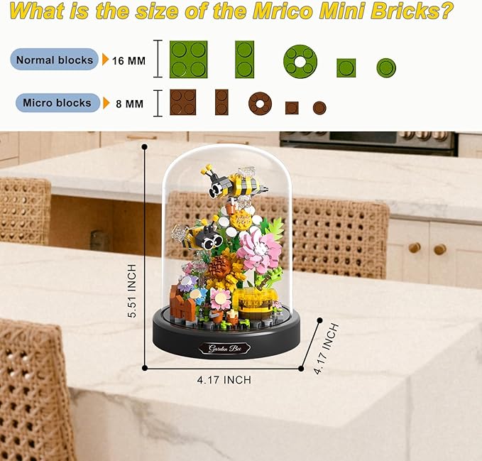 Flower Bouquet Building Set for Adult,Mini Plant Bonsai Tree Friend Set,Botanical Collection Gift for Kids,Office Home Decor Building Block, New Year Birthday Gift for Women Boys Girls(Bee)