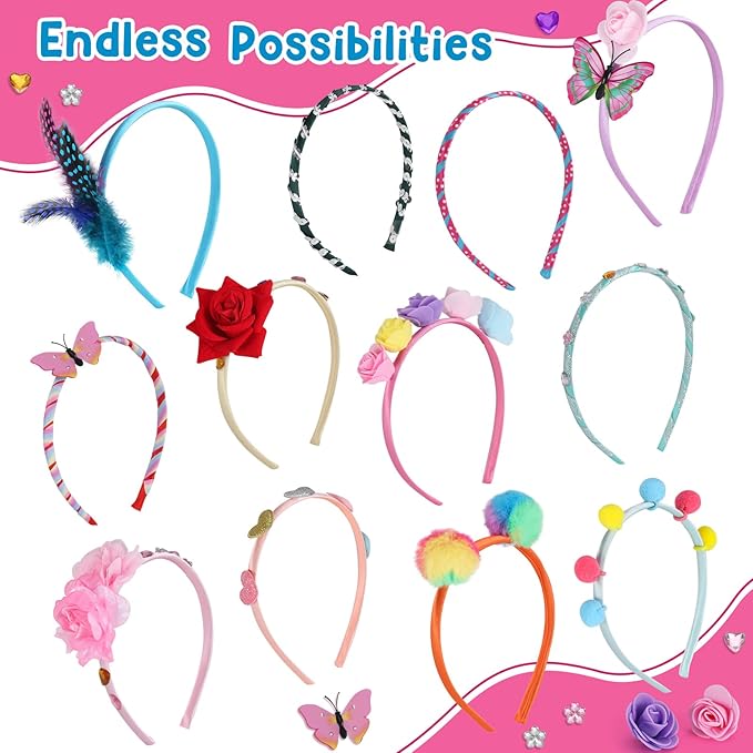 Headband Making Kit for Girls, DIY Hair Accessories Craft Set Make 12+ Fashion Headbands for Kids 5-12, Art Supplies with Ribbons & Charms, 5 Year Old Girl Birthday Gift Ideas, Girls Fashion Gift
