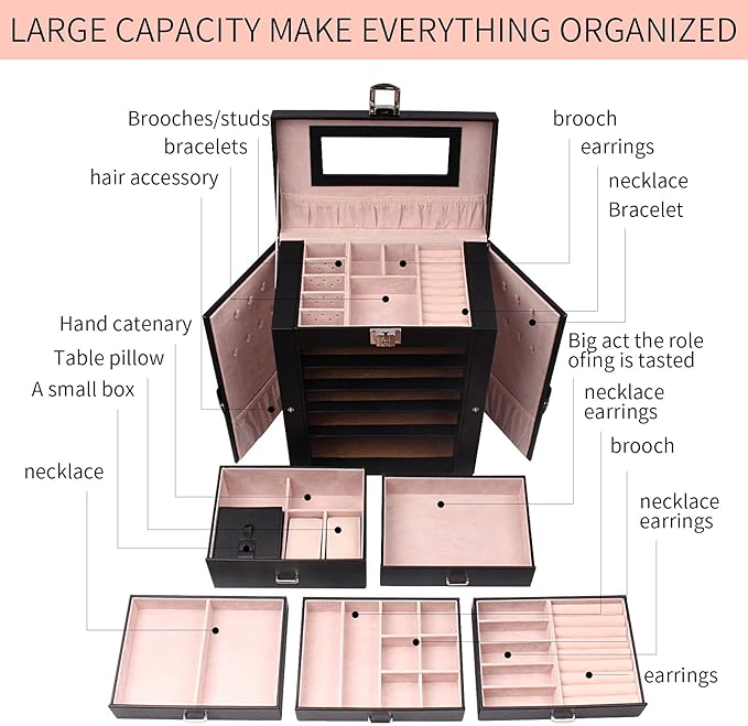 6 Tier Jewelry Box, Jewelry Case with 5 Drawers, Large Storage Capacity, with Mirror, Lockable, Jewelry Storage Organizer, Gift for Loved Ones