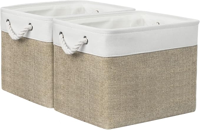TcaFmac Organization and Storage Basket for Shelves - 16x12x12 inch Large 2 Pack Collapsible Storage Bins for Organization, Fabric Storage Cubes for Box Cloth Toy Books Kids (White & Khaki)
