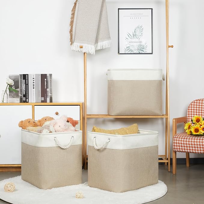 Bidtakay Extra Large Storage Baskets for Organizing 17x12x15.1 inch 3-Pack Fabric Closet Organizers Storage Bins with Handles Foldable Storage Baskets for Shelves Clothes XL-White&Beige