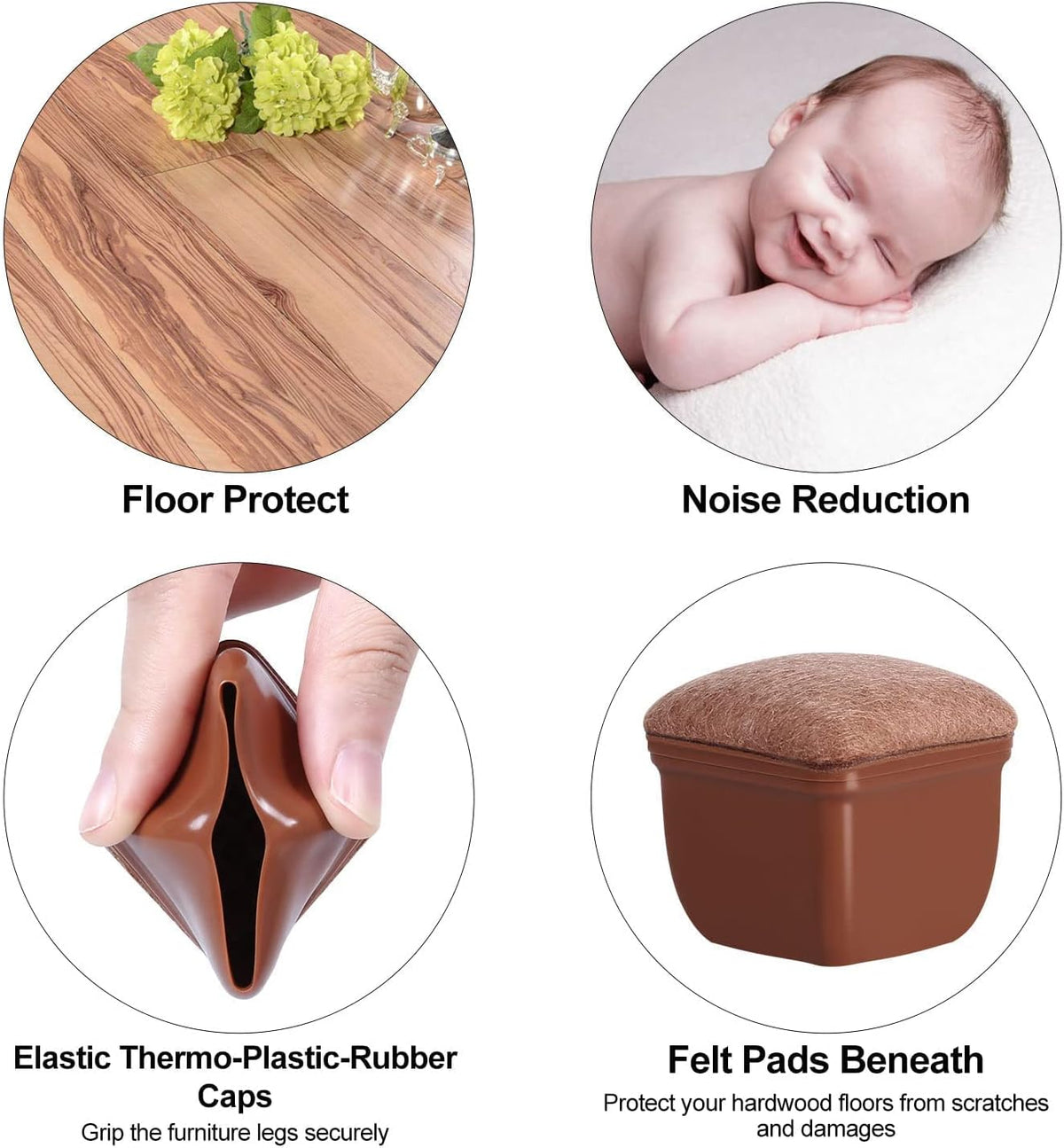 Ezprotekt 24 Pcs Square Chair Leg Floor Protectors with Felt, Silicone Felt Furniture Pads Cups for Hardwood Floor, Dining Table Leg Caps Covers No Scratches (L Fit: 1" to 1.4", Brown)