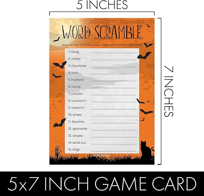 DISTINCTIVS Halloween Party Games – Word Scramble and Candy Match 2 Game Bundle, 25 Dual-Sided Cards for Kids, Adults, Classrooms, and Fall Events