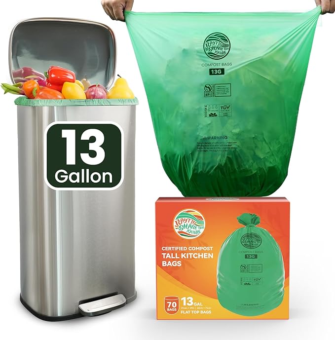 RAYTID 13 + Gallon Compostable Trash Bags,70 Count, Extra Thick 1.1 Mil, Tall Kitchen Food Scrap Waste Bag, ASTM D6400, US BPI and OK Compost HOME Certified