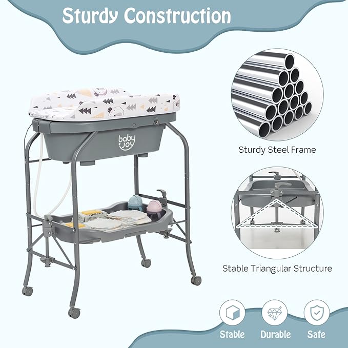 BABY JOY Baby Bathtub with Changing Table, Foldable Infant Diaper Changing Station with Storage Tray, Waterproof Pad, Portable Newborn Nursery Organizer Bath Stand with 4 Universal Wheels (Gray)