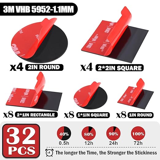 32 Pack 3M VHB 5952 Foam Tape, Double-Sided Heavy Duty Mounting Tape – 1 Inch & 2 Inch, Square, Rectangle & Round Shapes, Waterproof & Heat Resistant, for Car, Home Decor & Outdoor Use