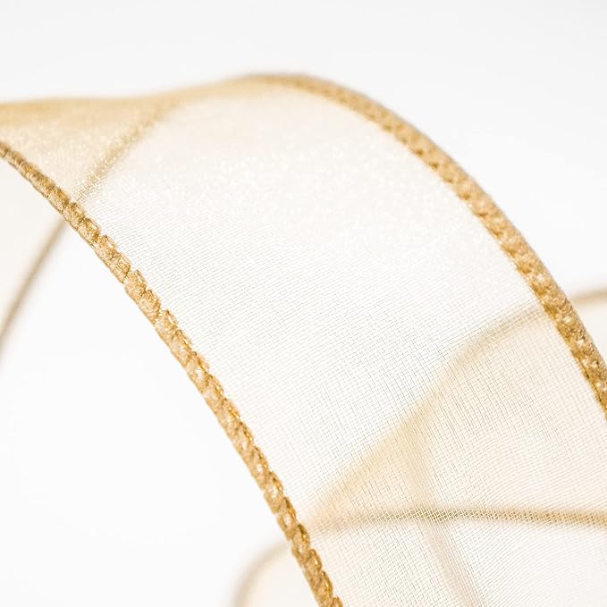 CT CRAFT LLC Sheer Organza Wired Ribbon 1.5" x 50Yards Tan (Gold) for Wedding Chair Bow Flora Bouquet Gift Wrapping Christmas Tree Home Decor Wreath