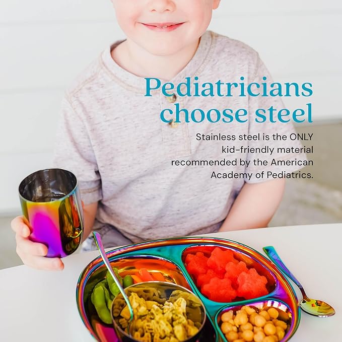 Ahimsa Stainless Steel Kids Dinnerware Set - 5 Piece Stainless Steel Toddler Plates and Bowls Set, Pediatrician Designed, Non Toxic Toddler Plate and Bowl, Kids Utensils and Cup (Rainbow)