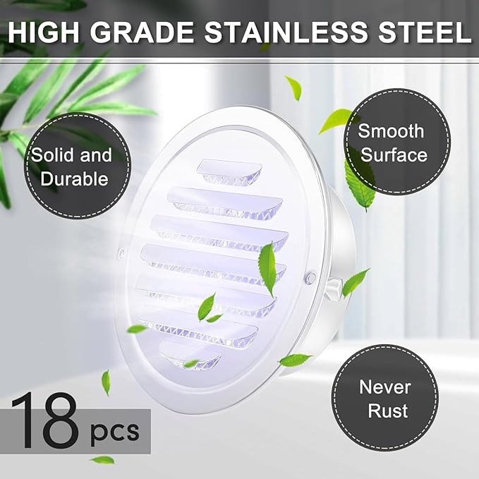 Zonon 18 Pcs Stainless Steel Soffit Vents 4 Inch Round Dryer Vent Cover with Mesh Screen for Home Outdoor Bathroom Wall Ceiling Outside Exterior Exhaust (White)