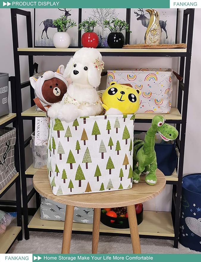 FANKANG Square Nursery Hamper Storage Bins Canvas Laundry Basket Foldable with Waterproof PE Coating Large Storage Baskets Gift Baskets for Children Office Bedroom ClothesToys (SquareGreen forest)