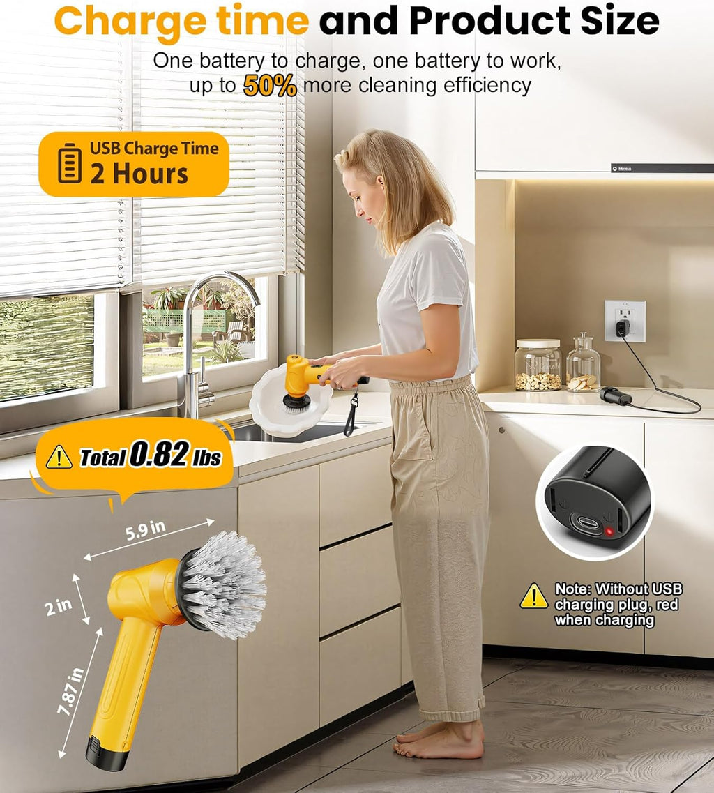 qimedo 5000mAh Battery Electric Spin Scrubber Q4, Handheld Scrubber for Cleaning with Display, Power Dish Scrubber with 5 Heads, Shower Cordless Cleaning Brush for Bathroom/Sink/Window