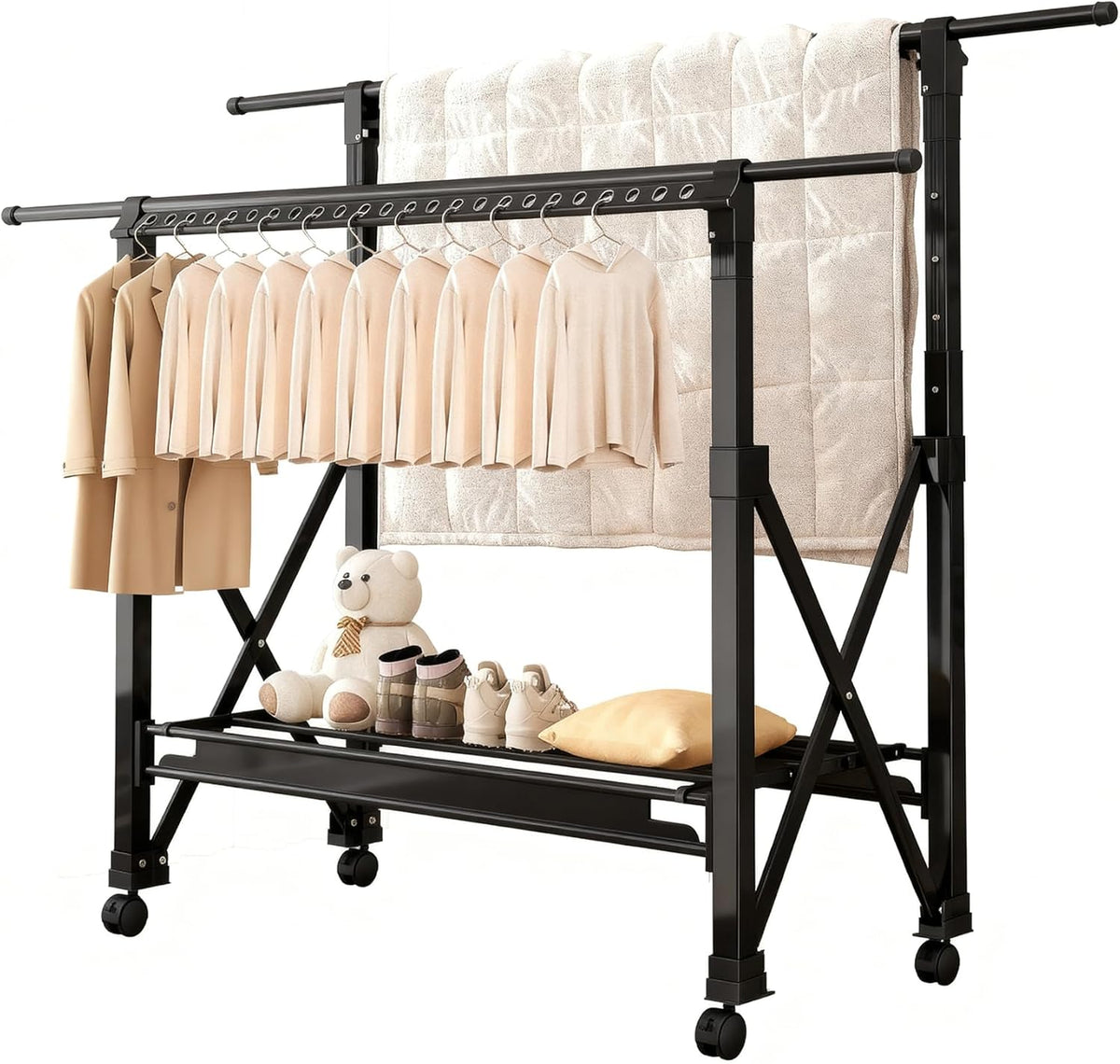 Heavy Duty Rolling Clothing Rack with Wheels, Portable Double Rod Metal Garment Rack, Clothes Drying Hanging Organizer for Closet, Laundry, Storage, Freestanding Adjustable Coat Hanger, Black