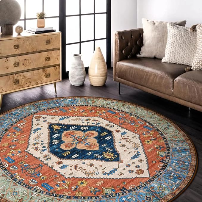 Lahome Boho Washable 4Ft Round Area Rug, Non-Slip Throw Untra-Thin Small Round Carpet, Oriental Vintage Distressed Circle Rug for Bedroom Kitchen Dining Living Room Office, 4x4/Rust