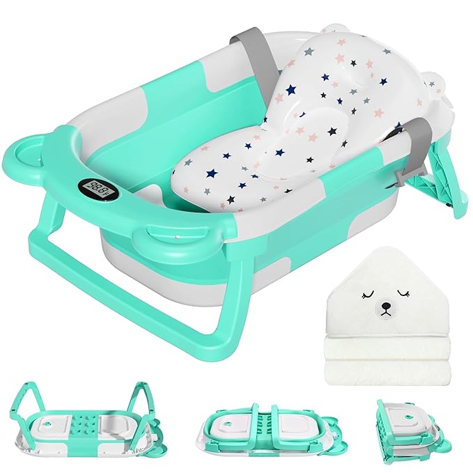 MoreFeel Collapsible Baby Bathtub for Newborn with Thermometer & 1 Hooded Towel & 1 Soft Floating Cushion,Portable Travel Bathtub with Drain Hole, Durable Foldable Baby Tubs for Infants to Toddler