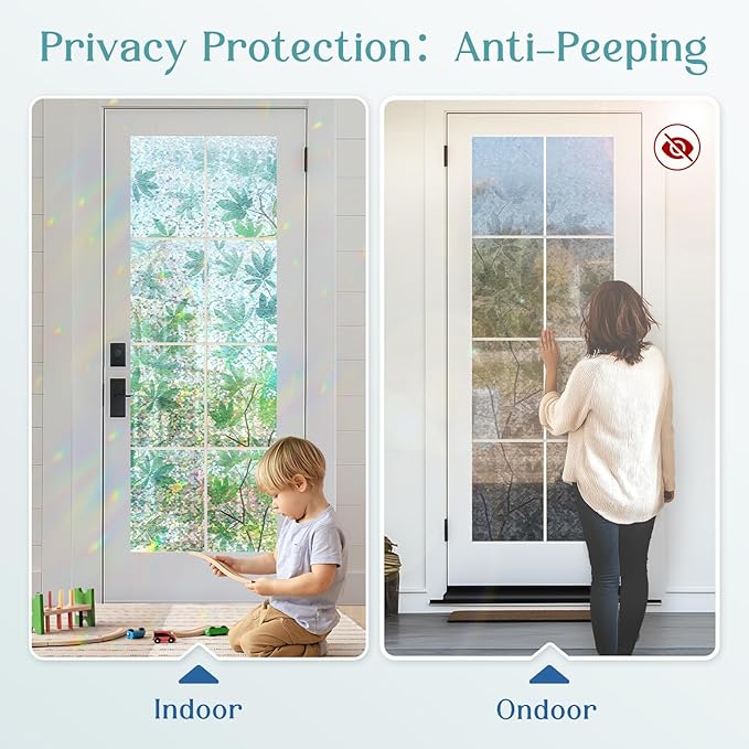 Haton Window Privacy Film, Decorative Stained Glass Window Clings, 3D UV Sun Blocking Sticker, Removable Static Cling Heat Control Tint for Home Door, Leaf Rainbow, 23.6" x 157.4" Non-Adhesive