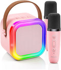 Kinglucky Mini Karaoke Machine for Kids, 2025 TOP Birthday Gifts Ideas for 3-12 Year Old Girls, Christmas Party Gifts Kids' Personal Video Players Accessories with 2 Wireless Microphones - Pink