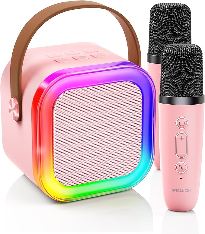 Kinglucky Mini Karaoke Machine for Kids, 2025 TOP Birthday Gifts Ideas for 3-12 Year Old Girls, Christmas Party Gifts Kids' Personal Video Players Accessories with 2 Wireless Microphones - Pink