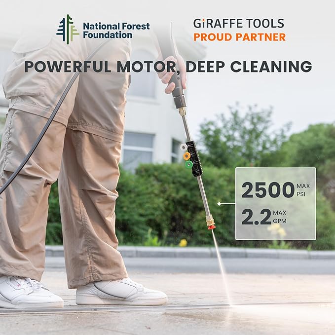 Giraffe Tools Grandfalls Retractable Pressure Washer G20, 2500 PSI 2.2 GPM, 180° Wall Mounted Power Washer, Auto-Retract with 65FT Hose Reel, 5 Nozzles for Floor/Cars/Fences/Patios, Dark Silver