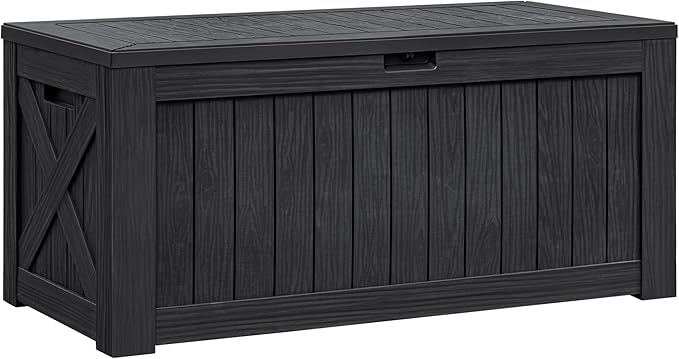 Flamaker Resin Deck Box 120 Gallon Waterproof Large Outdoor Indoor Storage Box Imitation Wood Resin for Patio Furniture Garden Tools and Pool (Black)