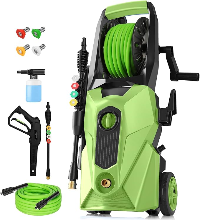 Electric Pressure Washer 5000 PSI,2.8 GPM Power Washer with Foam Cannon,Portable Cleaner with 33ft Hose Reel,4 Nozzle Tips,and Soap Bottle for Cars/Home/Driveways/Patios/Decks/Fences